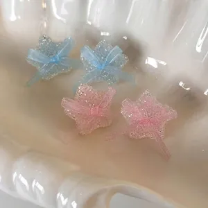 Sweet Resin Sugar Star Stud Earrings With Fabric Ribbon Bow Pink Blue Star Earrings For Women Girls Daily Trendy Jewelry