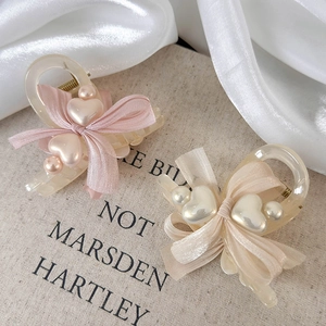 Elegant heart pearl hair claw clip with silk ribbon bow decoration for women