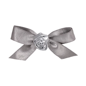 Elegant silver satin ribbon bow hair clip with a central rose flower for women