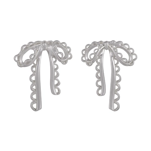 Elegant silver ribbon bow earrings with intricate hollow lace metal texture for women