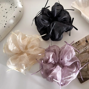 Set di 3 elastici per capelli in tulle francese con fiocchi in nero e lavanda