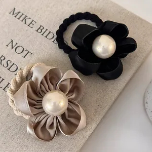 French Camellia Hair Tie Artificial Pearl Satin Elastic Rope Ponytail Holder For Women Elegant Floral Hair Accessories Hair Ring
