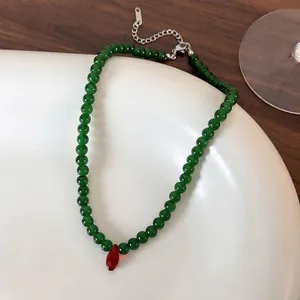 Vintage Chinese Style Green Glass Beads Choker Necklace With Red Crystal Waterdrop Pendant Alloy Chain For Women Retro Party