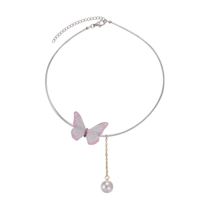 Collier ras du cou papillon irisé avec perle et pampille sur anneau métallique minimaliste