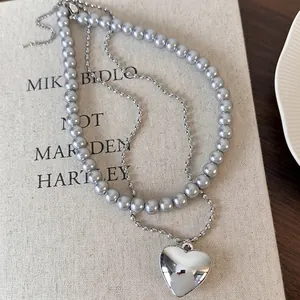 Collier Künstliche Perles de Verre Alliage Élégant Pendentif Coeur Miroir Longue Chaîne Réglable pour Femmes Bijoux de Fête Quotidienne