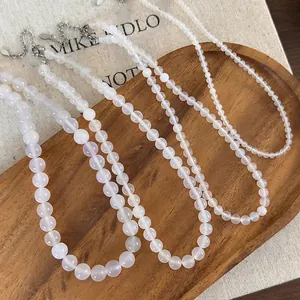 Natural white agate beaded necklace with translucent luster and silver lobster clasp