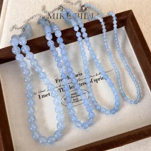 Handmade Natural Stone Beaded Necklace Light Blue Crystal Beads With Clasp Simple Style Jewelry For Women Gift