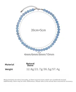 Detail showing natural sea blue stone beaded necklace with 4mm to 10mm size specifications