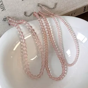 Sweet Pink Glass Beaded Necklace For Women Transparent Geometric Bead Choker Necklace With Adjustable Chain Jewelry Gift