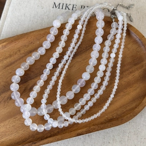 Natural white translucent agate beaded necklace set with silver metal extender chain