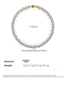 Detailed view of white faux pearl necklace with gold magnetic clasp in four size options