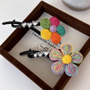 Barrettes à fleurs tressées arc-en-ciel avec strass en forme de cœur en vue latérale