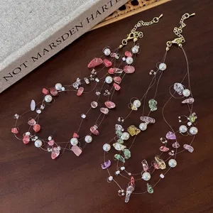Handmade Natural Stone Artificial Pearl Necklace Multi Layer Beads Sweet Colorful Pink Jewelry For Women Elegant Choker Accessories
