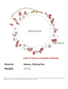 Detail showing natural pink stone and pearl beaded necklace with size measurements