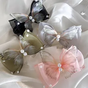 Elegant Organza Butterfly Hair Clip With Faux Artificial Pearl Double Layer Wing Duckbill Clip For Women Party Daily Hair Accessories