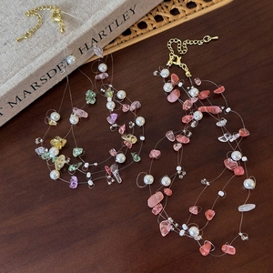 Pink and multicolored natural stone pearl beaded layered necklace with golden lobster clasp
