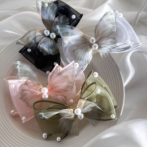 Elegant butterfly hair claw clips with organza wings and pearls in multi-color set