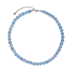 Handmade light blue beaded necklace with silver lobster clasp on white background