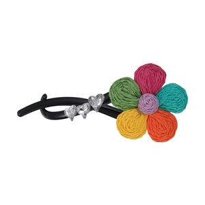 Pince à cheveux fleurie tissée arc-en-ciel avec cristaux sur pince banane noire