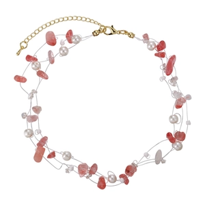 Handmade pink natural stone and pearl multi-layer beaded choker necklace for women