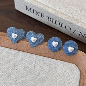 Vintage blue denim fabric stud earrings set featuring round and heart shapes with pearls