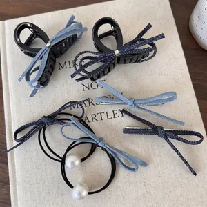Pinces à Cheveux Nœud en Tissu Denim pour Femmes Élastiques Rétro avec Künstliche Perles Bleues Pinces à Bec de Canard et Griffes Accessoires Cheveux