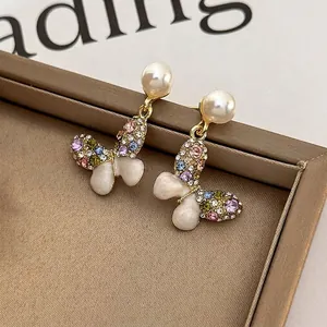 Luxury Alloy Color Rhinestone Butterfly Artificial Pearl Earrings With 925 Sterling Silver Post For Women Elegant Jewelry