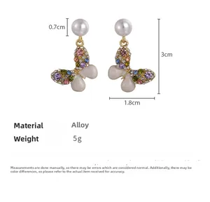 Detailed view of butterfly pearl earrings with dimensions in alloy and colorful rhinestones