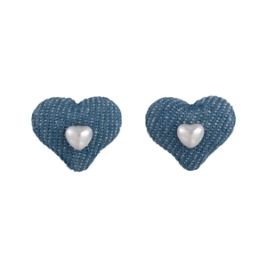 Vintage light blue denim heart-shaped stud earrings with silver metallic center accent