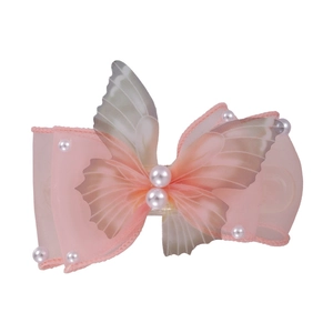 Pink butterfly hair clip with sheer mesh bows and white pearls for women's hairstyling