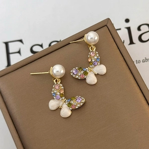 S925 silver butterfly earrings with colorful rhinestones and white pearls on leather