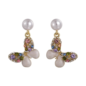 Colorful rhinestone butterfly earrings with white pearls and gold metal plating