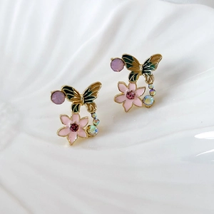 Retro butterfly and flower stud earrings with colorful crystals and enamel finish