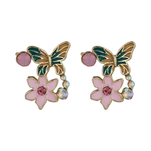 Retro butterfly earrings with pink enamel flowers and gradient crystals on gold base