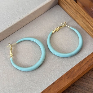 Close-up of light blue enamel hoop earrings with gold-plated clasp on a tray