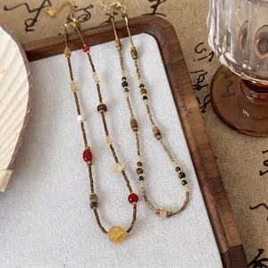 New Chinese Style Zen Natural Stone Beaded Necklace For Women Retro Handmade Choker Necklace Jewelry Accessory Gift