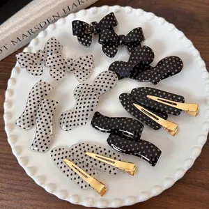 French Vintage Polka Dot Hair Clip Acrylic Duckbill Clip Sweet Heart Bow Fringe Clip For Women Daily Hair Accessories