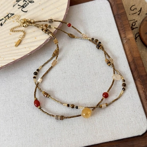New Chinese Zen style beaded necklace with natural stones and agate on woven surface
