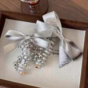 Sweet Cool Style Silver Bowknot Telephone Wire Hair Tie Metallic Beads Spiral Elastic Silicone Satin Bow Hair Rope For Women