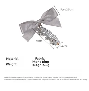 Gray satin bow hair tie with silver beads and spiral telephone wire cord design