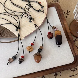 Collier Pendentif en Céramique Fait Main Vintage Style Ethnique Chinois Corde de Cire Tissée Longue Chaîne Réglable pour Femme