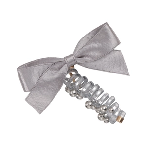 Elegant grey satin bow hair tie with silver metallic beads and spiral telephone wire band