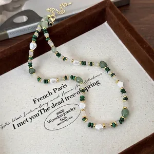 French Vintage Malachite Green Beaded Necklace For Women Artificial Baroque Pearl Alloy Gold Plated Clavicle Chain Party Jewelry
