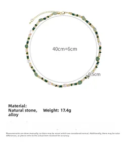 Detail view of 40cm+6cm green stone and pearl necklace showing size and 17.4g weight