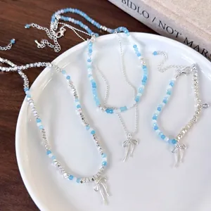 Sweet Blue Beaded Necklace For Women Korean Style Synthetic Crystal Bow Pendant Necklaces Light Luxury Beaded Jewelry Gift