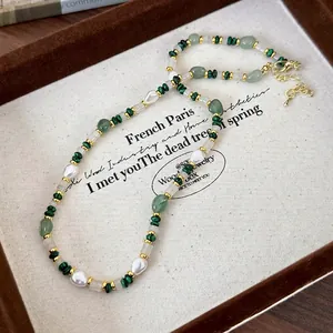Peacock green malachite bead and freshwater pearl necklace with gold-plated lobster clasp