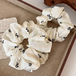 Elegant Fabric Bowknot Scrunchies With Rhinestones Artificial Pearls Cream White Hair Ties For Women Fashion Hair Accessories
