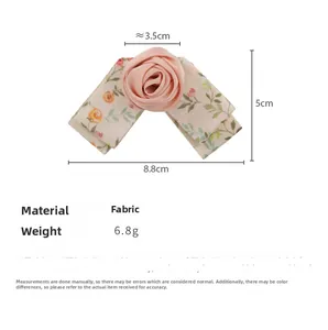 Pink rose floral bow hair clip specifications with precise size and fabric material details