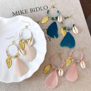 Bohemian Ethnic Feather Tassel Drop Earrings With Natural Shell Metal Leaf For Women Vintage Vacation Style Earrings