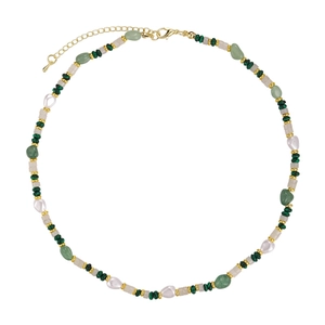 Peacock green stone beaded pearl necklace with gold clasp on white background